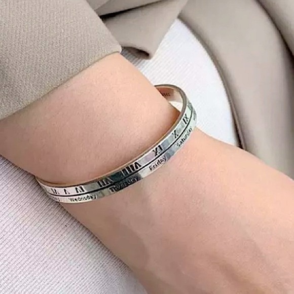 Sterling Silver Roman Numeral Bangle Cuff Bracelet - Picture 5 of 9